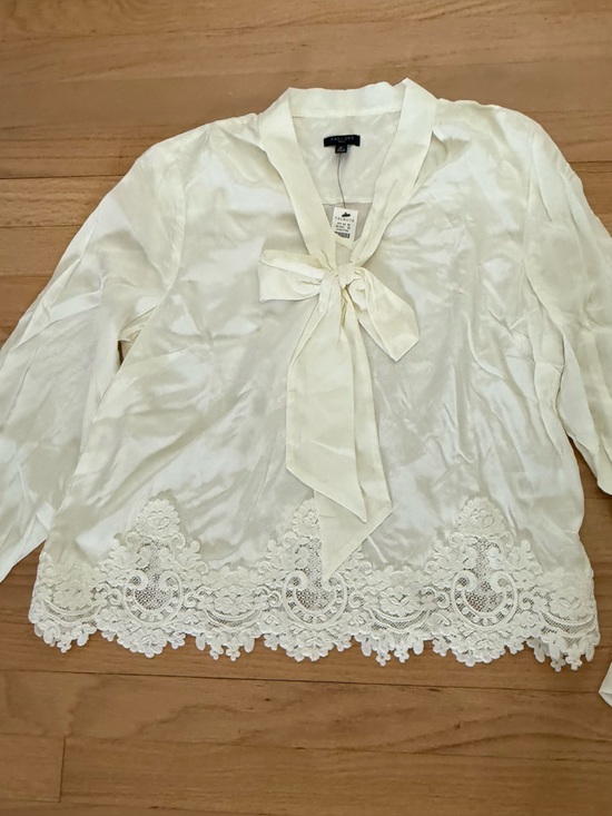 Talbots Tops - New Talbots Medium Petite Ivory Long Sleeve Blouse Lace Trim V-Neck Tie Front